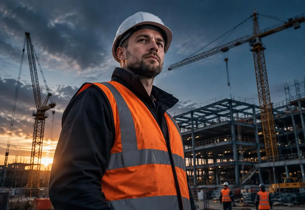 Construction worker on site at dusk