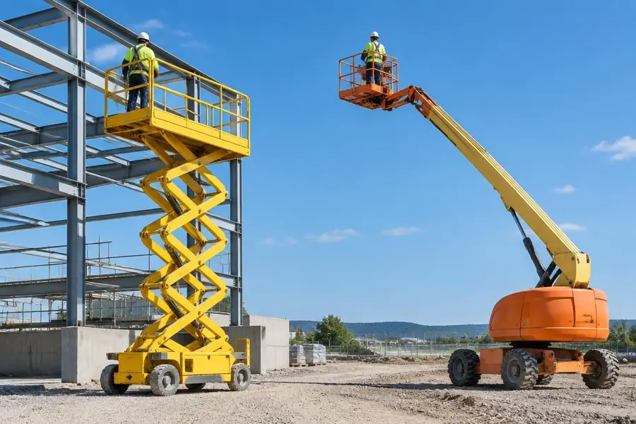 Scissor lift and boom lift in use on a construction site